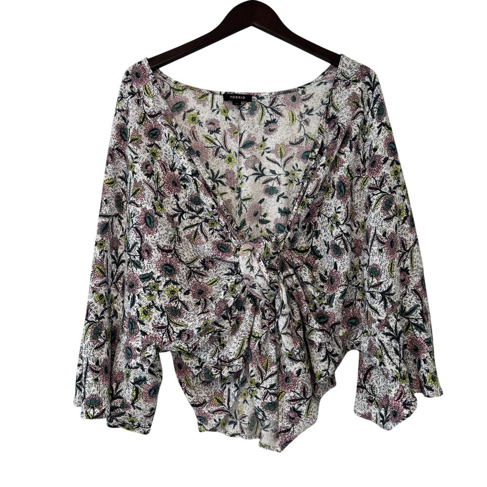 Torrid Washable Gauze Tie Front Crop Kimono Womens Size 3X White Floral Draped - Picture 2 of 9
